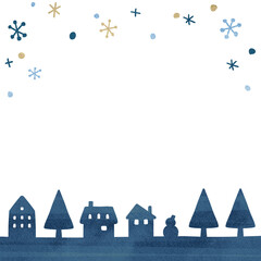 シンプルなクリスマスの街並みのイラスト　クリスマスカラー　かわいい装飾フレーム　コピースペース　メッセージカード