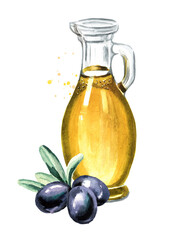 Bottle of fresh virgin olive oil with black olives and leaves. Hand drawn watercolor illustration isolated on white background