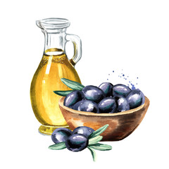 Bottle of fresh virgin olive oil with black olives. Hand drawn watercolor illustration isolated on white background