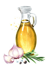 Bottle of fresh virgin olive oil with black pepper, garlic and rosemary. Hand drawn watercolor illustration isolated on white background