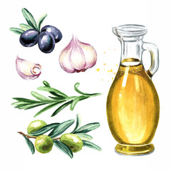 Bottle of fresh virgin olive oil with olives, black pepper, garlic and rosemary set. Hand drawn watercolor illustration isolated on white background