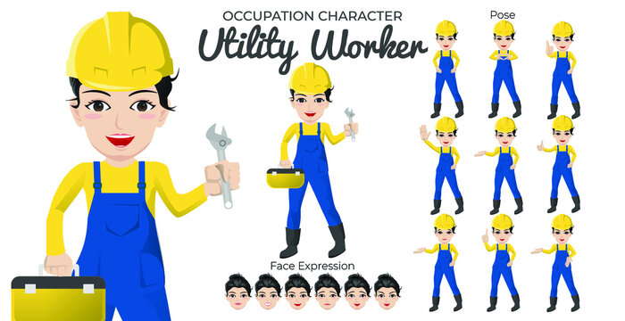 Female Utility Worker Character Set With Variety Of Pose And Face Expression