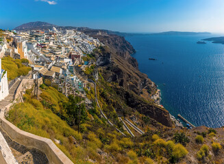 A view from the path leading down to Thira, Santorini in summertime