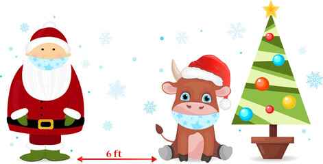 Social distancing 6 feet / 2m - COVID-19 information vector graphic, for Christmas. Santa Claus and bull symbol 2021 vector illustration