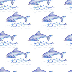 Dolphin in the sea. Hand-drawn illustration. Fish in the ocean, underwater world, travel, diving. Wild animals. Seamless pattern. Print, textiles.
