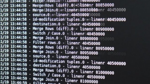 White computer software code moving on a black monitor. Computer hacking in process, dynamic text running and flowing on pc screen.