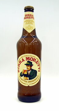 Rome, Italy - May 5, 2019: Bottle of Birra Moretti, a Pale Lager styled beer brewed by Heineken Italia.