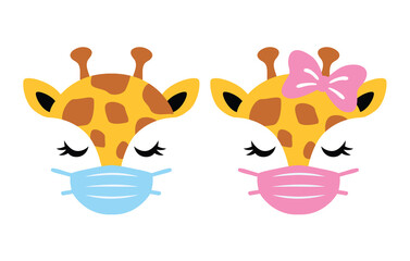 Cute boy and girl giraffe with face mask vector illustration.
