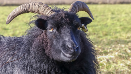 Close up of the head of a horned Hebridean sheep, looking to camera. Black coated with ear tag.  Textured fleece. Outside in pasture. Landscape image  with space for text. England. - 394455222