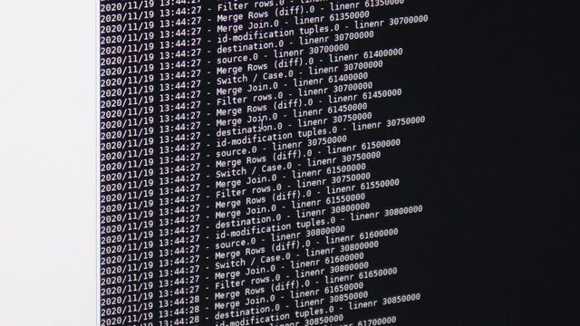 White computer software code moving on a black monitor. Computer hacking in process, dynamic text running and flowing on pc screen.