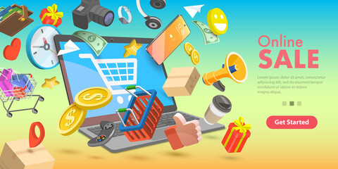 3D Isometric Flat Vector Conceptual Illustration of Finding Online Shopping Bargains, Fast Delivery Service, Digital Advertising Campaign.