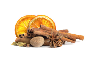 cinnamon sticks and nutmeg spices for mulled wine on a white background
