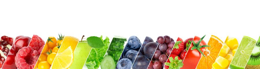 Fruits and vegetables. Collage of fresh fruits, vegetables and berries on white background. Rainbow food