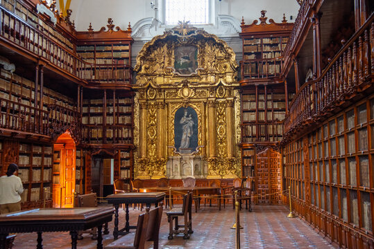 Biblioteca Palafoxiana en la ciudad de Puebla, Mexico, fuente de libros, cultura, historia, retablos, antiguos y muebles de madera clasica de la epoca de la conquista, b&oacute;vedas aniguas