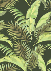Green tropical palm leaves seamless vector pattern on the black background.Trendy summer print.