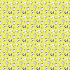 Seamless yellow apple pattern with graphic flowers