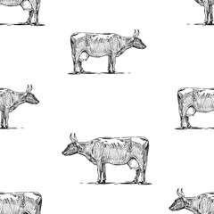 Seamless background of sketches grazing cows