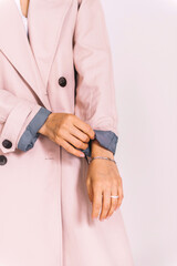 Obraz premium Woman in stylish casual clothes pink suit