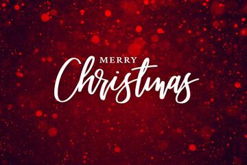 Merry Christmas Text Over Red Glittering Sparkle Background Texture. Magical Christmas Card Design with Holiday Glowing Lights. Luxurious Christmas Graphic with Calligraphy Script and Shiny Particles.
