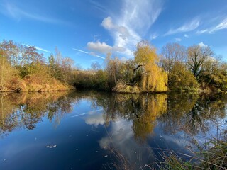 Fototapeta premium Park canal in a beautiful sunny autumn day with trees and cloud reflecting on the calm, still water, scenic nature landscape, beautiful nature, blue sky and water.