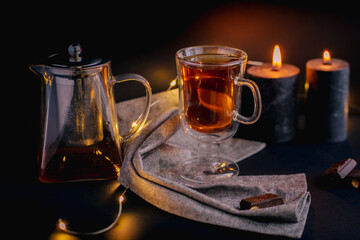 Transparent glass teapots with tea on the glass