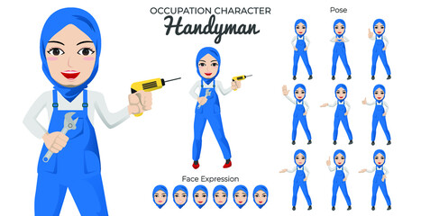 Muslim Handyman Character Set with Variety of Pose and Face Expression