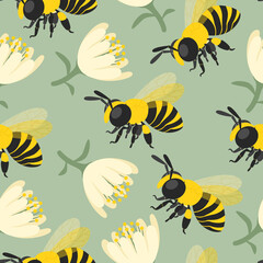 vector bees and flower seamless pattern on green
