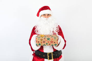 Santa Claus hold a gift on white background. Christmas concept