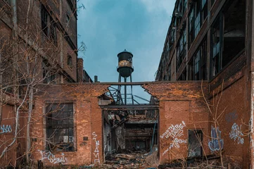 Poster Detroit abandoned broken dystopian factory warehouse crumbling into nightmare apocalypse - Tilt Shift - winter landscape © davi russo