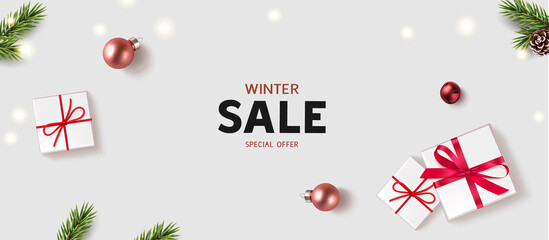 New Year and Christmas design template. Winter background with decorative red balls,  white lights and gift box. Vector stock illustration.