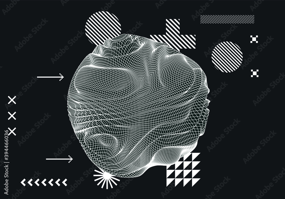 Poster Glitched and distorted sphere, organic morphing 3d blob set. Concept of data visualization, graph of mathematical function, generative computer art.