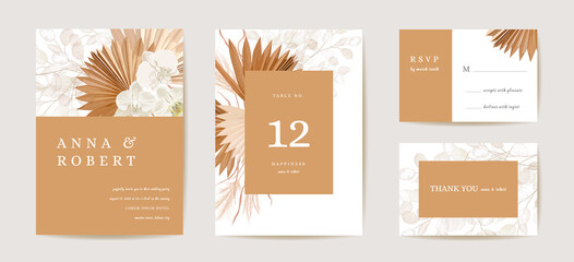 Wedding dried lunaria, orchid, pampas grass floral Save the Date set. Vector exotic dry flower, palm leaves boho © wooster