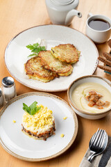 Yummy substantial lunch, menu photography in a studio, soft light and shadows, top view, side view