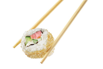Chopsticks with sushi roll isolated on white background