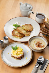Yummy substantial lunch, menu photography in a studio, soft light and shadows, top view, side view