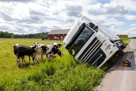 Overturned lorry on road side, Sweden