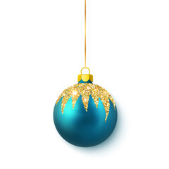 Blue shiny glitter glowing Christmas balls. Xmas glass ball. Holiday decoration template. Vector illustration