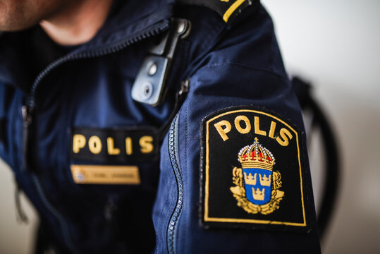 Close-up of police badge, Sweden