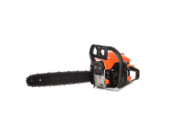 Fototapeta premium Orange new chainsaw at isolated white background