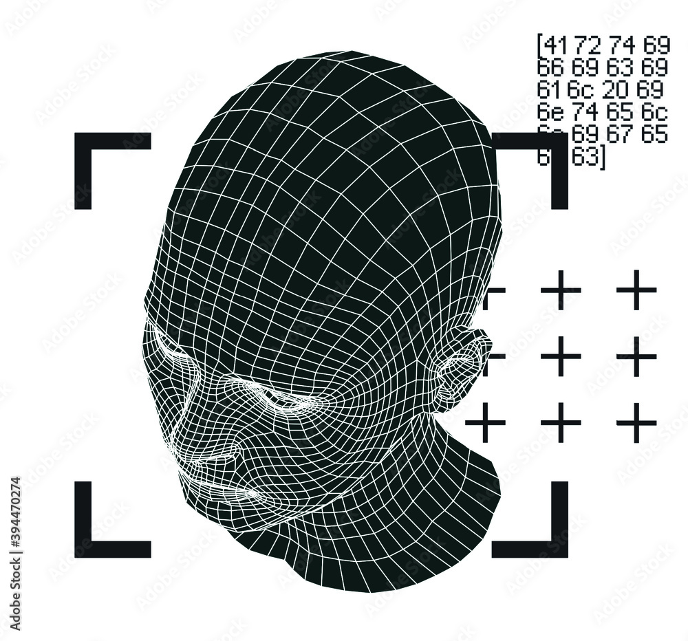 Poster silhouette of 3d low poly human head. concept of artificial intelligence and neural network.
