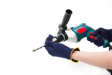 Naklejka premium Male hands with perforator at white background