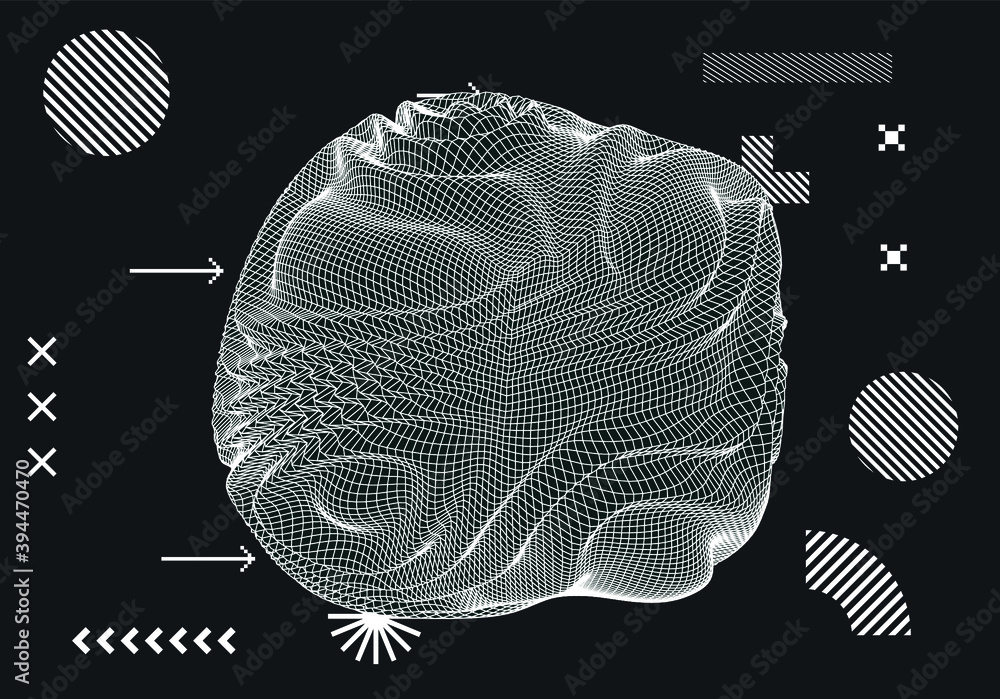 Poster Glitched and distorted sphere, organic morphing 3d blob set. Concept of data visualization, graph of mathematical function, generative computer art.