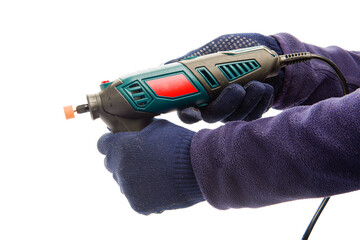 Man hold perforator drill bit for grinding