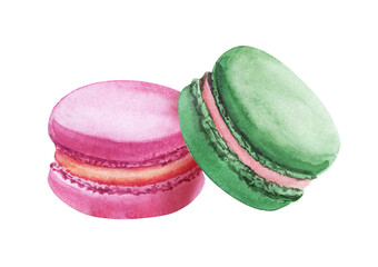 Watercolor image of two colorful macaroons isolated on white background. Hand drawn illustration of pink and green almond biscuits. Crunchy delicious dessert with tender cream