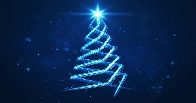 Light streaks shaped as Christmas tree. Abstract xmas tree animation. Winter holiday 4k video background.	