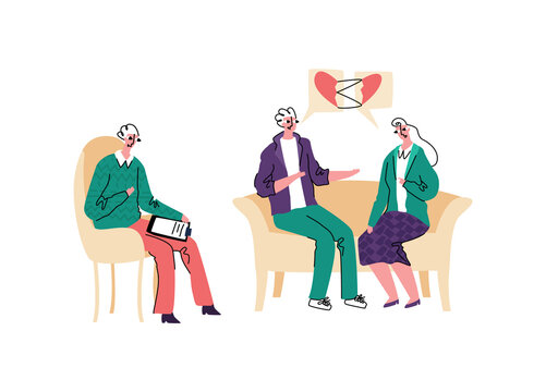 Vector illustration with reception psychotherapy for married couple who are in period of conflicts and problems. Patients come to an agreement.