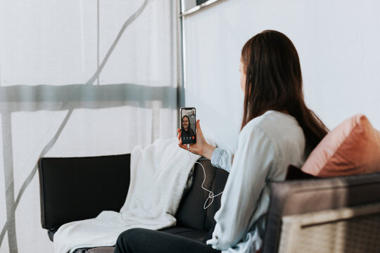 Women talking via video chat, Sweden