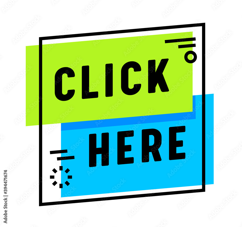 Poster click here banner, digital navigation for website or internet promotion, button to enter on web page