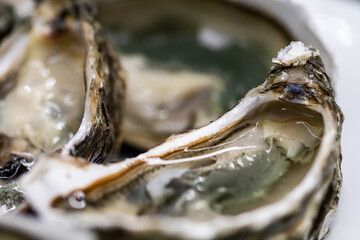 Fresh oysters ready to be eaten raw. Oysters on a plate and a black stone. Raw fish oysters, luxurious dinner and quality fresh shellfish.  Restaurant special dish