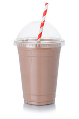Chocolate milk shake milkshake in a cup straw isolated on white